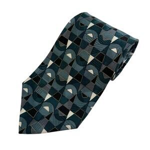 Courreges Homme Italian Silk Tie Geometric Pattern Green Blue Mens One Size